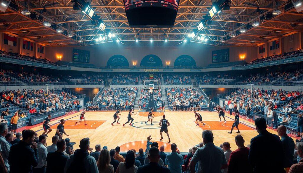 A bustling sports arena with a central basketball court and surrounding areas showcasing various sporting activities. In the foreground, athletes compete in basketball, tennis, and football, their movements captured in dynamic poses. The middle ground features spectators and coaches intently observing the action, creating a sense of energy and anticipation. The background is illuminated by warm, natural lighting, with the arena's architecture visible, suggesting a high-profile, professional setting. The overall atmosphere conveys the excitement and diversity of multisport betting strategies, inviting the viewer to explore the nuances of different athletic disciplines.