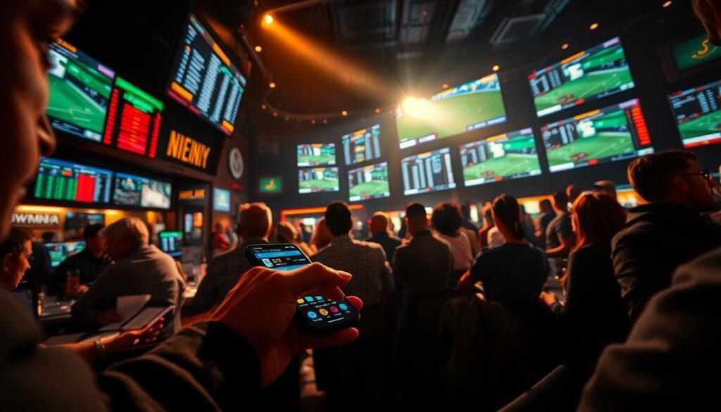 A bustling sports betting lounge, with punters intently focused on live match data and odds displayed on large screens. Dramatic lighting casts dynamic shadows, creating an atmosphere of high-stakes excitement. In the foreground, a bettor's hands rapidly navigate a mobile app, placing live in-play wagers as the game unfolds in real-time. The middle ground features a mix of sports memorabilia, betting slips, and analytical charts, reflecting the strategic nature of successful live betting. The background blurs into a haze, emphasizing the intense concentration of the bettors. Crisp, high-resolution photography with a wide-angle lens captures the energy and intensity of the live in-play betting experience.