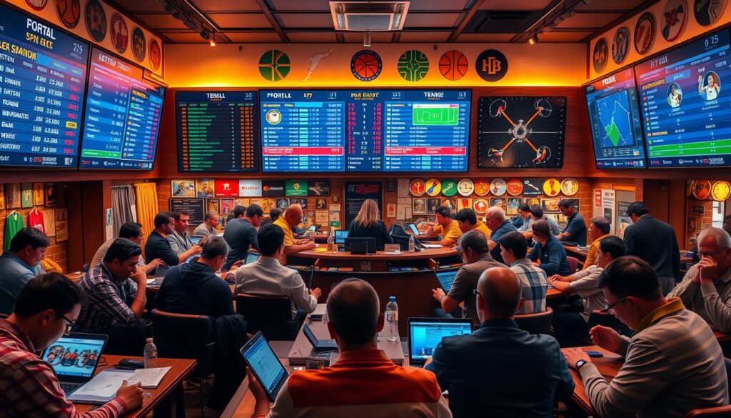 A bustling sports betting office, with a large electronic board displaying live scores and odds for football, basketball, and tennis matches. In the foreground, a group of focused bettors analyze statistics and strategies on their laptops and tablets, surrounded by the hum of conversation and the occasional cheer. The middle ground features a centralized betting counter, where a knowledgeable teller assists customers with their wagers. The background is filled with vibrant sports memorabilia, creating an atmosphere of excitement and anticipation. Warm, focused lighting illuminates the scene, creating a sense of intensity and purpose. The overall mood is one of calculated risk and the thrill of the game. A bustling sports betting office, with a large electronic board displaying live scores and odds for football, basketball, and tennis matches. In the foreground, a group of focused bettors analyze statistics and strategies on their laptops and tablets, surrounded by the hum of conversation and the occasional cheer. The middle ground features a centralized betting counter, where a knowledgeable teller assists customers with their wagers. The background is filled with vibrant sports memorabilia, creating an atmosphere of excitement and anticipation. Warm, focused lighting illuminates the scene, creating a sense of intensity and purpose. The overall mood is one of calculated risk and the thrill of the game.