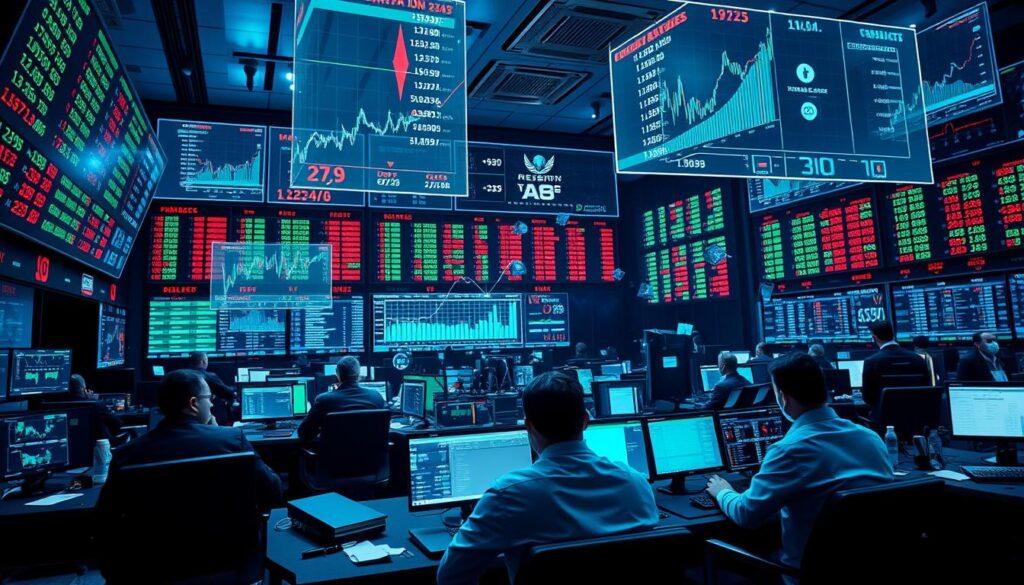 A bustling stock exchange trading floor, with brokers and analysts intently monitoring multiple screens displaying real-time sports betting odds. The room is bathed in a cool, digital glow, with holographic charts and data visualizations floating in the air. In the foreground, a group of traders execute complex cross-sport arbitrage strategies, using sophisticated algorithms to capitalize on disparities between football, basketball, and tennis odds across various bookmakers. The atmosphere is one of intense focus and calculated risk, as the traders strive to maximize their returns through this advanced multisport betting technique.