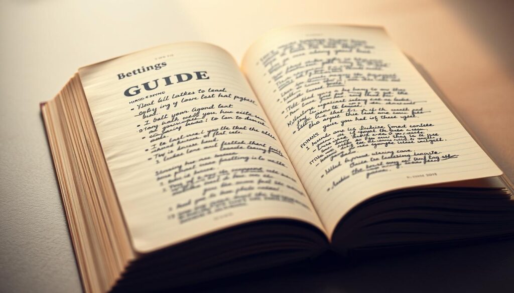 A close-up view of an open betting guide book, its pages filled with handwritten notes and annotations. The book's cover bears the title "Betting Mistakes Guide" in a sleek, minimalist font. The pages are slightly worn, conveying a sense of experience and hard-earned wisdom. Soft, warm lighting casts a gentle glow, creating a contemplative, educational atmosphere. The frame is tightly composed, focusing the viewer's attention on the book's contents, with just a hint of a neutral background to provide context. The overall mood is one of thoughtfulness and guidance, inviting the viewer to learn from the mistakes documented within. A close-up view of an open betting guide book, its pages filled with handwritten notes and annotations. The book's cover bears the title "Betting Mistakes Guide" in a sleek, minimalist font. The pages are slightly worn, conveying a sense of experience and hard-earned wisdom. Soft, warm lighting casts a gentle glow, creating a contemplative, educational atmosphere. The frame is tightly composed, focusing the viewer's attention on the book's contents, with just a hint of a neutral background to provide context. The overall mood is one of thoughtfulness and guidance, inviting the viewer to learn from the mistakes documented within.
