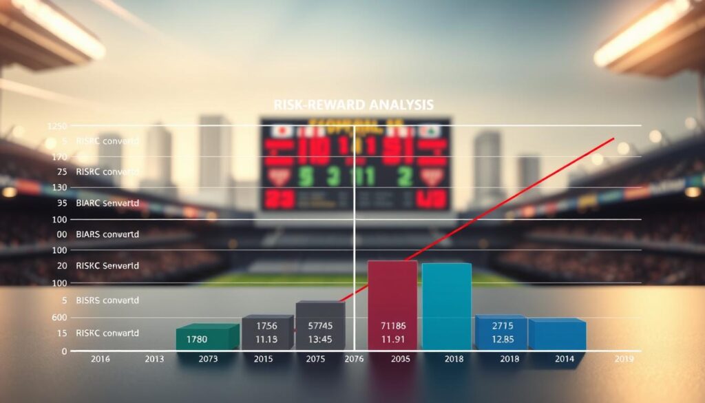 A detailed data visualization depicting the risk-reward analysis of an accumulator betting strategy. In the foreground, a clear, color-coded chart showcases the potential payouts and probabilities for various accumulator scenarios. The middle ground features a realistic 3D model of a sports scoreboard, conveying the real-world context. In the background, a subtly blurred cityscape sets a dynamic, financial atmosphere, with streaks of light suggesting the fast-paced nature of sports betting. The lighting is sharp and focused, creating a sense of clarity and professionalism. The overall composition guides the viewer's eye through the key elements of the risk-reward analysis, helping to illustrate the pros and cons of the accumulator strategy. A detailed data visualization depicting the risk-reward analysis of an accumulator betting strategy. In the foreground, a clear, color-coded chart showcases the potential payouts and probabilities for various accumulator scenarios. The middle ground features a realistic 3D model of a sports scoreboard, conveying the real-world context. In the background, a subtly blurred cityscape sets a dynamic, financial atmosphere, with streaks of light suggesting the fast-paced nature of sports betting. The lighting is sharp and focused, creating a sense of clarity and professionalism. The overall composition guides the viewer's eye through the key elements of the risk-reward analysis, helping to illustrate the pros and cons of the accumulator strategy.