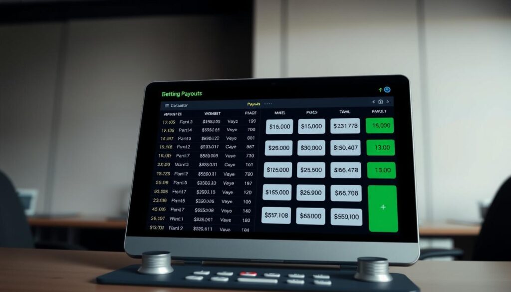 A detailed, well-organized betting payout guide displayed on a sleek, modern calculator interface. The foreground features the calculator screen showcasing various betting odds and corresponding payouts, presented in a clean, easy-to-read layout. The middle ground includes control buttons and dials, conveying the interactive nature of the tool. The background depicts a subtle, minimalist setting, perhaps an office or a sports betting lounge, with muted tones that allow the calculator to take center stage. The overall mood is one of practicality and professionalism, guiding the user through the complexities of calculating betting payouts with clarity and precision. A detailed, well-organized betting payout guide displayed on a sleek, modern calculator interface. The foreground features the calculator screen showcasing various betting odds and corresponding payouts, presented in a clean, easy-to-read layout. The middle ground includes control buttons and dials, conveying the interactive nature of the tool. The background depicts a subtle, minimalist setting, perhaps an office or a sports betting lounge, with muted tones that allow the calculator to take center stage. The overall mood is one of practicality and professionalism, guiding the user through the complexities of calculating betting payouts with clarity and precision.