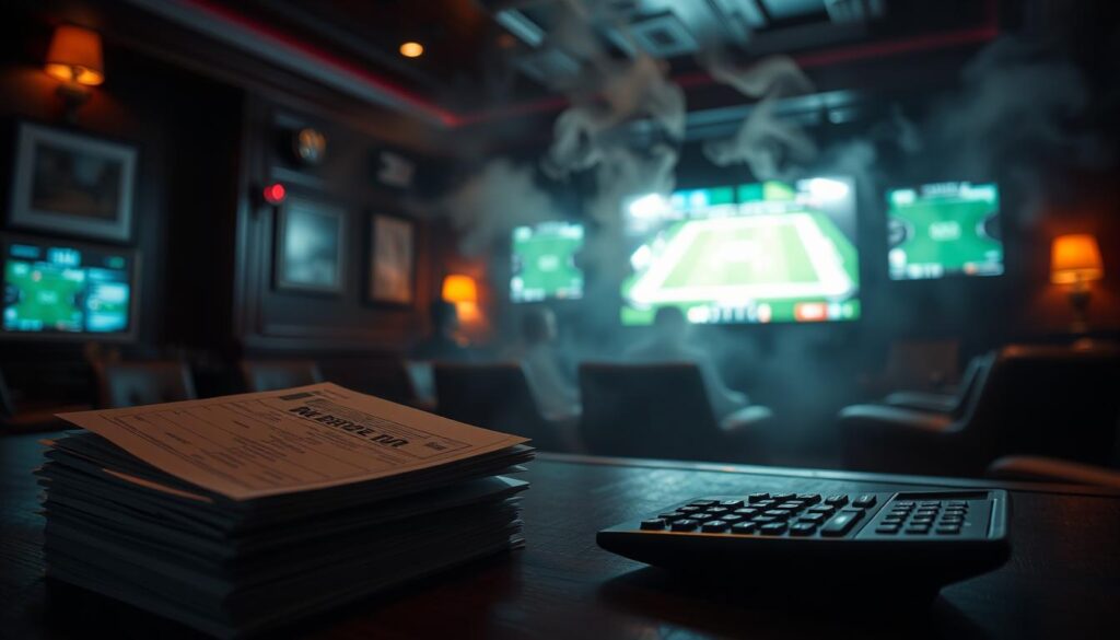 A dimly lit, high-stakes betting lounge. In the foreground, a stack of betting slips and a calculator, symbols of the meticulous risk management strategies of the sports bettor. In the middle ground, a large monitor displays a live match, the tension palpable. The background is shrouded in a haze of cigar smoke, creating an atmosphere of concentration and calculated risk. Soft, moody lighting casts dramatic shadows, emphasizing the gravity of the decisions being made. The overall mood is one of cautious deliberation, where every choice could mean the difference between profit and loss. A dimly lit, high-stakes betting lounge. In the foreground, a stack of betting slips and a calculator, symbols of the meticulous risk management strategies of the sports bettor. In the middle ground, a large monitor displays a live match, the tension palpable. The background is shrouded in a haze of cigar smoke, creating an atmosphere of concentration and calculated risk. Soft, moody lighting casts dramatic shadows, emphasizing the gravity of the decisions being made. The overall mood is one of cautious deliberation, where every choice could mean the difference between profit and loss.