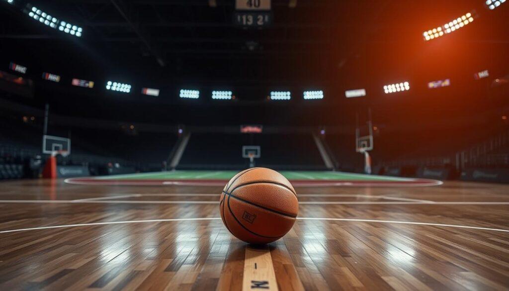 A dimly lit sports arena, with a basketball court in the foreground and a football field visible in the background. On the court, a basketball and a football are strategically placed, symbolizing the intersection of these two sports in a parlay betting strategy. The lighting is focused, creating a sense of tension and anticipation. The scene is captured from a slightly elevated angle, allowing the viewer to take in the full scope of the setting. The atmosphere is one of contemplation, as the viewer is invited to consider the risks and potential rewards of combining these different sporting events into a single wager.