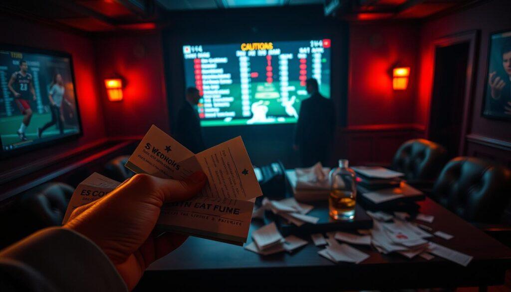 A dimly lit sports betting lounge, with a sense of unease and cautionary undertones. In the foreground, a hand holding betting slips, the fingers trembling slightly. Behind, a large screen displays live game scores, casting an ominous glow. The middle ground features a cluttered desk, with scattered betting receipts and a half-empty glass of whiskey, hinting at the potential pitfalls of impulsive decision-making. In the background, shadowy figures linger, representing the risks and dangers inherent in the world of live sports betting. The overall scene conveys a sense of tension, urging the viewer to exercise caution and discipline when engaging in this high-stakes environment.