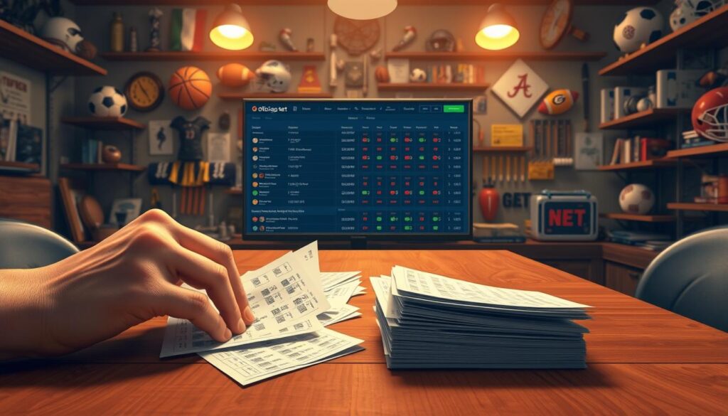 A high-quality digital illustration of a sports betting system, showcasing the mechanics of placing a system bet. In the foreground, a person's hands place betting slips on a wooden table, symbolizing the action of assembling a system bet. The middle ground features a virtual betting interface with various options, odds, and betting scenarios displayed. In the background, an array of sports equipment and memorabilia creates a sense of the broader sports betting environment. The scene is illuminated by warm, focused lighting, creating a sense of focus and deliberation. The overall mood is one of strategic contemplation, with a clean, minimalist aesthetic to convey the precision and technicality of system betting. A high-quality digital illustration of a sports betting system, showcasing the mechanics of placing a system bet. In the foreground, a person's hands place betting slips on a wooden table, symbolizing the action of assembling a system bet. The middle ground features a virtual betting interface with various options, odds, and betting scenarios displayed. In the background, an array of sports equipment and memorabilia creates a sense of the broader sports betting environment. The scene is illuminated by warm, focused lighting, creating a sense of focus and deliberation. The overall mood is one of strategic contemplation, with a clean, minimalist aesthetic to convey the precision and technicality of system betting.