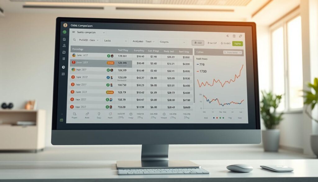 A high-resolution 3D render of an odds comparison analysis dashboard, showcasing various sports betting odds from multiple bookmakers. The dashboard is displayed on a sleek, modern computer monitor against a minimalist, light-filled office environment. The foreground features a clean, data-driven interface with intuitive visualizations highlighting the discrepancies between the odds, allowing for easy identification of potential value bets. The middle ground includes subtle 3D elements such as line graphs, scatter plots, and statistical models to provide deeper insights. The background maintains a sense of professionalism with a warm, softly-lit ambiance, emphasizing the analytical nature of the scene. The overall composition conveys a sense of clarity, efficiency, and data-driven decision-making, perfectly suited to illustrate the "How to Spot Value: Reading the Odds" section of the article. A high-resolution 3D render of an odds comparison analysis dashboard, showcasing various sports betting odds from multiple bookmakers. The dashboard is displayed on a sleek, modern computer monitor against a minimalist, light-filled office environment. The foreground features a clean, data-driven interface with intuitive visualizations highlighting the discrepancies between the odds, allowing for easy identification of potential value bets. The middle ground includes subtle 3D elements such as line graphs, scatter plots, and statistical models to provide deeper insights. The background maintains a sense of professionalism with a warm, softly-lit ambiance, emphasizing the analytical nature of the scene. The overall composition conveys a sense of clarity, efficiency, and data-driven decision-making, perfectly suited to illustrate the "How to Spot Value: Reading the Odds" section of the article.