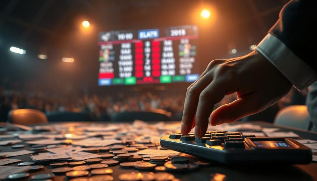 A high-stakes betting table, its surface covered in scattered betting slips and coins. In the foreground, a hand hovers over a calculator, meticulously examining numbers and odds. The middle ground features a large LED display board, flashing the latest scores and game information. The background is dimly lit, creating a sense of intensity and focus, with the faint sounds of cheering crowds in the distance. Soft, warm lighting bathes the scene, casting dramatic shadows and highlighting the tension of the accumulator betting strategies unfolding before the viewer.