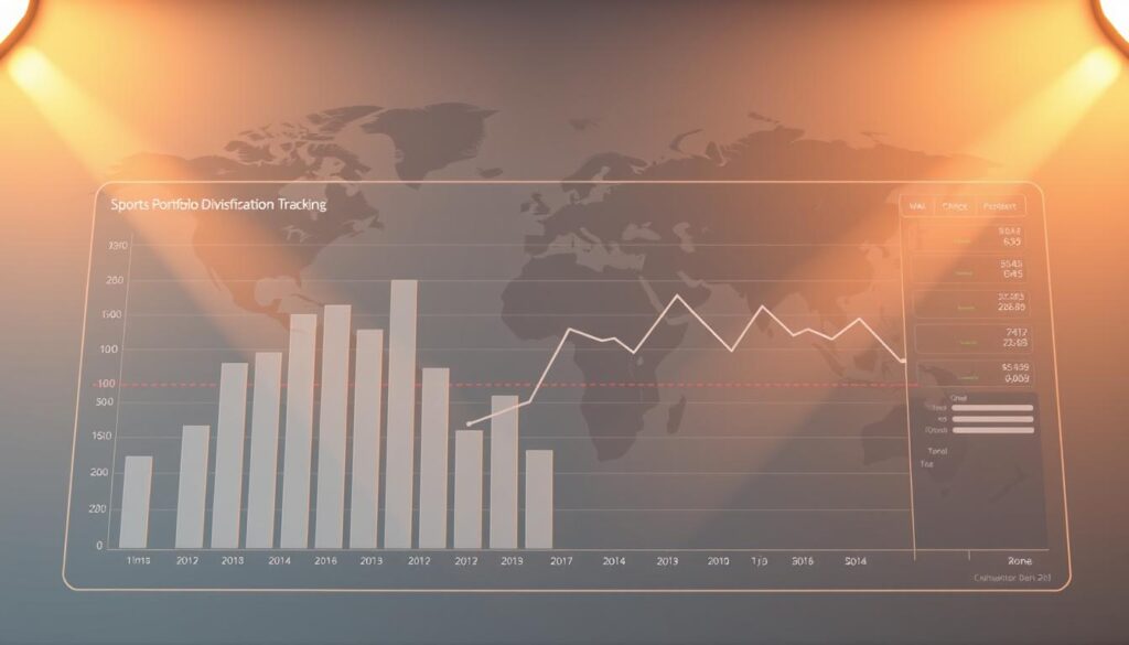A meticulously composed data visualization dashboard showcasing sports portfolio diversification tracking. In the foreground, a sleek bar chart displays the dynamic allocation of investments across various sporting events, reflecting a carefully balanced risk profile. The middle ground features an interactive line graph charting the cumulative performance over time, framed by a minimalist UI design. In the background, a subtle world map backdrop emphasizes the global nature of the portfolio, rendered in muted tones that complement the overall aesthetic. Warm, directional lighting accentuates the clean, modern lines of the digital interface, creating a sense of analytical sophistication. The entire scene conveys a tone of strategic financial control and data-driven decision making. A meticulously composed data visualization dashboard showcasing sports portfolio diversification tracking. In the foreground, a sleek bar chart displays the dynamic allocation of investments across various sporting events, reflecting a carefully balanced risk profile. The middle ground features an interactive line graph charting the cumulative performance over time, framed by a minimalist UI design. In the background, a subtle world map backdrop emphasizes the global nature of the portfolio, rendered in muted tones that complement the overall aesthetic. Warm, directional lighting accentuates the clean, modern lines of the digital interface, creating a sense of analytical sophistication. The entire scene conveys a tone of strategic financial control and data-driven decision making.