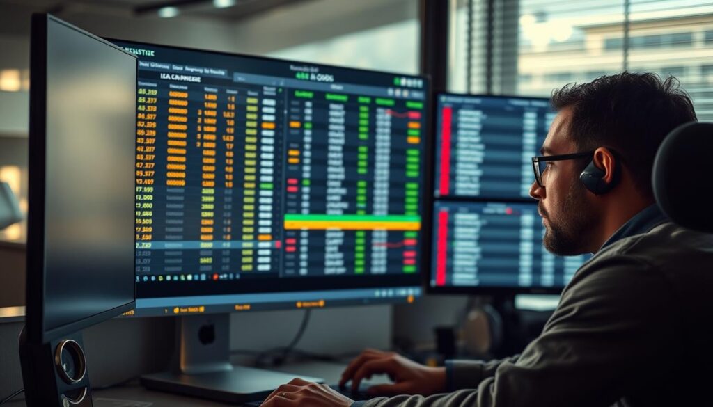 A modern sports betting office, a computer screen displaying live odds and statistics, a bettor intently analyzing the data, a sense of focus and anticipation in the air. Soft lighting accentuates the intensity of the moment, the cursor hovering over potential arbitrage opportunities. The scene conveys the thrill of finding a profitable edge, the careful consideration of risk and reward. The composition emphasizes the bettor's concentration, their gaze fixed on the screen, surrounded by the tools of their craft. An atmosphere of calculated strategy and calculated risk, a window into the world of finding arbitrage in sports betting. A modern sports betting office, a computer screen displaying live odds and statistics, a bettor intently analyzing the data, a sense of focus and anticipation in the air. Soft lighting accentuates the intensity of the moment, the cursor hovering over potential arbitrage opportunities. The scene conveys the thrill of finding a profitable edge, the careful consideration of risk and reward. The composition emphasizes the bettor's concentration, their gaze fixed on the screen, surrounded by the tools of their craft. An atmosphere of calculated strategy and calculated risk, a window into the world of finding arbitrage in sports betting.