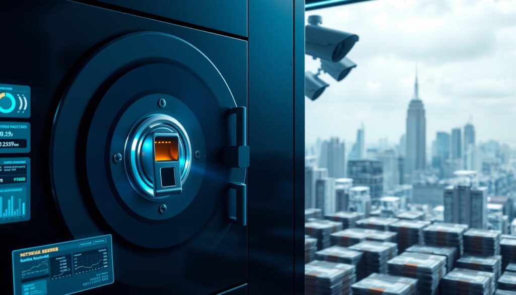 A secure digital vault with a biometric lock, illuminated by soft blue lighting. In the foreground, a series of virtual dashboards display real-time financial data and risk management metrics. Behind the vault, a meticulously organized array of stacks of banknotes and metal ingots - the bankroll, guarded by state-of-the-art surveillance systems. In the background, a panoramic view of a modern city skyline, symbolizing the scale and complexity of the financial world. The atmosphere conveys a sense of order, control, and unwavering diligence in safeguarding the resources essential for long-term betting success. A secure digital vault with a biometric lock, illuminated by soft blue lighting. In the foreground, a series of virtual dashboards display real-time financial data and risk management metrics. Behind the vault, a meticulously organized array of stacks of banknotes and metal ingots - the bankroll, guarded by state-of-the-art surveillance systems. In the background, a panoramic view of a modern city skyline, symbolizing the scale and complexity of the financial world. The atmosphere conveys a sense of order, control, and unwavering diligence in safeguarding the resources essential for long-term betting success.