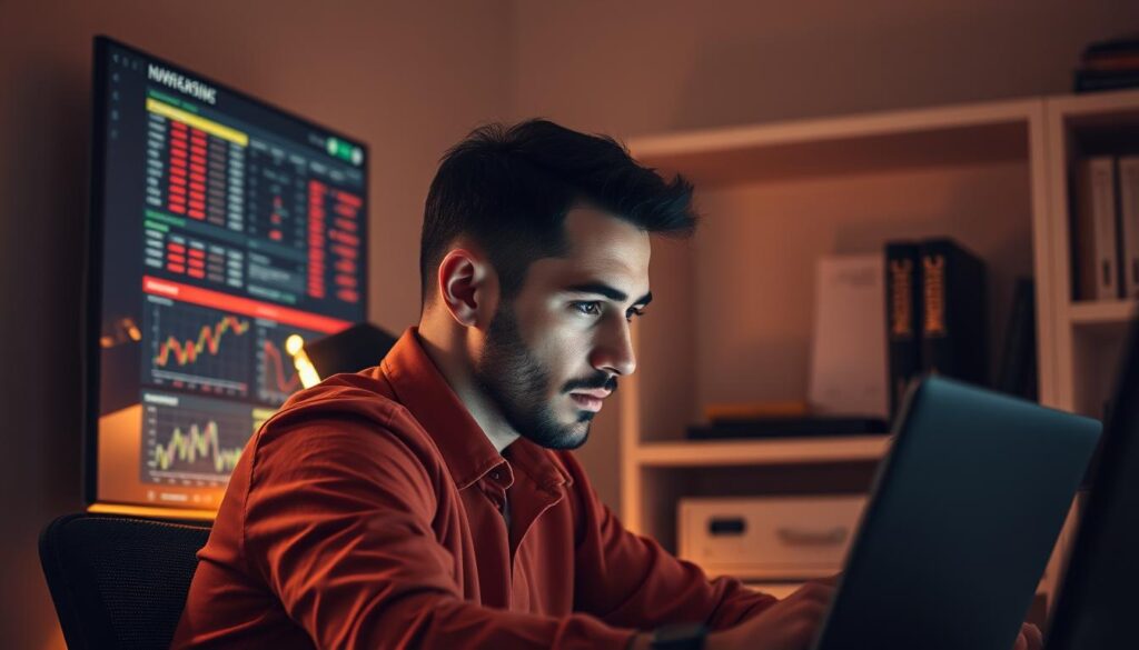 A serene study space with a focused sports bettor, their gaze intent on a data-rich display. Warm lighting casts a contemplative mood, as they meticulously analyze trends and strategize their next move. In the background, a minimalist bookshelf holds volumes on behavioral psychology and investment management, hinting at the disciplined approach. The scene conveys the mental toughness and emotional resilience required to navigate the challenges of multi-sport betting, a pursuit of long-term success through calculated risk-taking. A serene study space with a focused sports bettor, their gaze intent on a data-rich display. Warm lighting casts a contemplative mood, as they meticulously analyze trends and strategize their next move. In the background, a minimalist bookshelf holds volumes on behavioral psychology and investment management, hinting at the disciplined approach. The scene conveys the mental toughness and emotional resilience required to navigate the challenges of multi-sport betting, a pursuit of long-term success through calculated risk-taking.