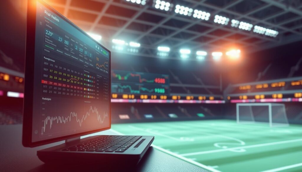 A sleek, minimalist illustration of sports betting strategies seamlessly integrated. In the foreground, a digital dashboard displays real-time odds and analytics, casting a soft glow across the scene. The middle ground features dynamic visualizations of data trends and betting patterns, conveying the complex interplay of various strategies. In the background, a stylized stadium or arena setting provides a subtle nod to the sporting world, all bathed in a warm, cinematic lighting that lends an air of professionalism and sophistication. The overall mood is one of efficiency, precision, and the perfect synthesis of technology and sports expertise.