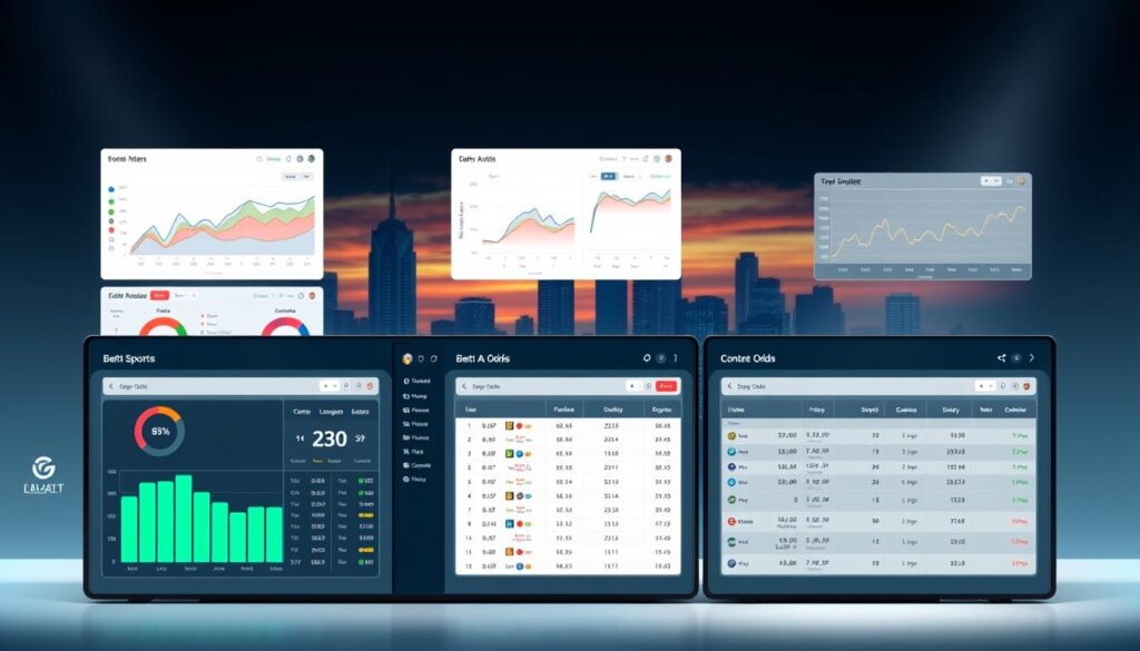 A sleek, modern analytics dashboard showcasing various betting odds comparison tools. The foreground features a clean, intuitive user interface with charts, graphs, and data visualizations displaying odds information across multiple sports and bookmakers. The middle ground includes detailed data tables and sorting/filtering options, allowing bettors to make informed decisions. The background depicts a subtle, minimalist cityscape with skyscrapers and a vibrant evening sky, setting an aspirational, professional tone. Soft, directional lighting illuminates the dashboard, creating depth and highlighting the key data points. The overall composition conveys a sense of sophistication, data-driven insights, and empowered sports betting. A sleek, modern analytics dashboard showcasing various betting odds comparison tools. The foreground features a clean, intuitive user interface with charts, graphs, and data visualizations displaying odds information across multiple sports and bookmakers. The middle ground includes detailed data tables and sorting/filtering options, allowing bettors to make informed decisions. The background depicts a subtle, minimalist cityscape with skyscrapers and a vibrant evening sky, setting an aspirational, professional tone. Soft, directional lighting illuminates the dashboard, creating depth and highlighting the key data points. The overall composition conveys a sense of sophistication, data-driven insights, and empowered sports betting.