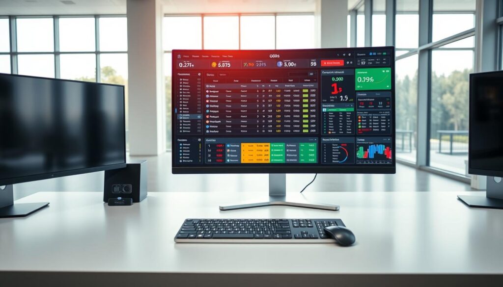 A sleek, modern office setup showcases an array of digital tools for odds comparison. In the foreground, a high-resolution monitor displays a comprehensive odds dashboard, with intuitive interfaces for sports betting across multiple leagues. In the middle ground, a keyboard and mouse sit atop a clean, minimalist desk, ready for quick data analysis and bet placement. The background features floor-to-ceiling windows, allowing natural light to flood the space and create a bright, welcoming atmosphere. The overall scene conveys a sense of professionalism, efficiency, and the cutting-edge technology needed to gain an edge in the world of sports betting.