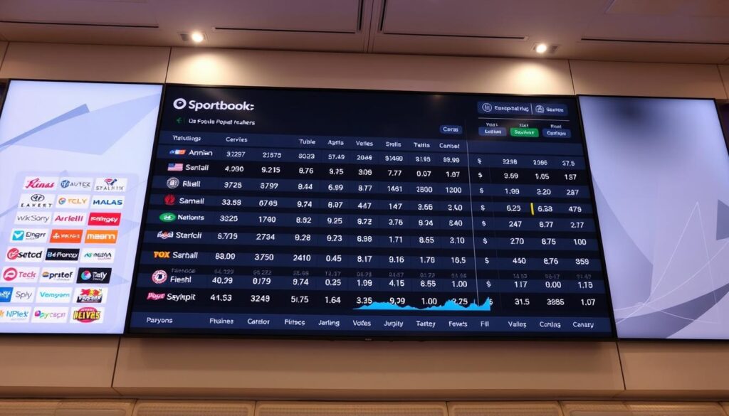 A sports betting odds comparison dashboard displayed on a large LED screen. The foreground shows an array of sportsbook logos and their corresponding odds for popular sporting events, presented in a clean, organized layout. The middle ground features dynamic data visualizations highlighting the differences in odds between various bookmakers. The background has a sleek, minimalist design with subtle sports-themed motifs, creating a professional and high-tech atmosphere. The lighting is bright and evenly distributed, emphasizing the clarity and precision of the information. The camera angle is slightly elevated, giving a comprehensive view of the display and conveying a sense of authority and expertise. A sports betting odds comparison dashboard displayed on a large LED screen. The foreground shows an array of sportsbook logos and their corresponding odds for popular sporting events, presented in a clean, organized layout. The middle ground features dynamic data visualizations highlighting the differences in odds between various bookmakers. The background has a sleek, minimalist design with subtle sports-themed motifs, creating a professional and high-tech atmosphere. The lighting is bright and evenly distributed, emphasizing the clarity and precision of the information. The camera angle is slightly elevated, giving a comprehensive view of the display and conveying a sense of authority and expertise.