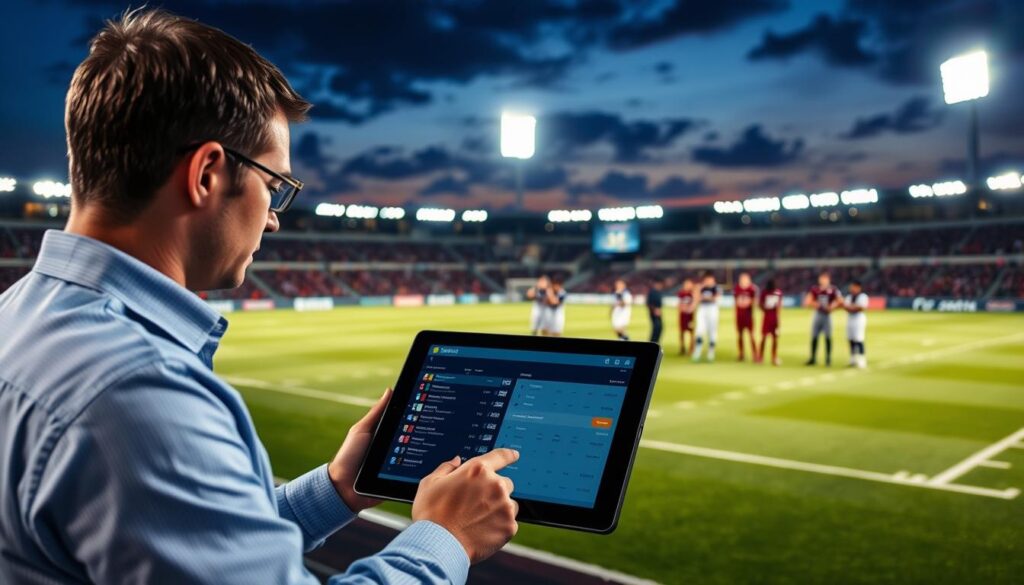 A sports stadium at dusk, the field illuminated by bright floodlights. On the pitch, a group of football players strategize, studying a digital display of odds and statistics. In the foreground, a sports analyst examines multiple sportsbook interfaces on a touchscreen, comparing betting lines and payouts. The scene conveys a sense of anticipation and the thrill of finding the best odds to maximize winnings. A sports stadium at dusk, the field illuminated by bright floodlights. On the pitch, a group of football players strategize, studying a digital display of odds and statistics. In the foreground, a sports analyst examines multiple sportsbook interfaces on a touchscreen, comparing betting lines and payouts. The scene conveys a sense of anticipation and the thrill of finding the best odds to maximize winnings.