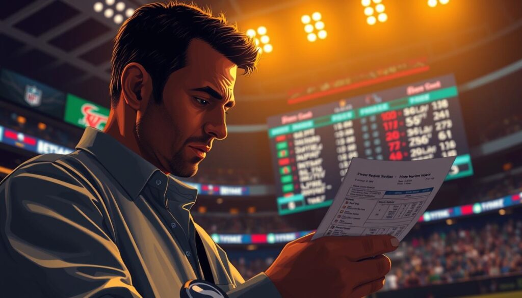 A well-lit, cinematic illustration of "parlays betting explained" showcasing a dynamic sports betting scene. In the foreground, a focused bettor carefully studies a sports betting slip, their expression pensive as they contemplate their parlay strategy. In the middle ground, a digital display board presents live odds and game updates, creating a sense of intensity and anticipation. The background features a stadium-like environment, complete with spectators, team logos, and a subtle depth of field effect to emphasize the high-stakes nature of the parlay betting experience. Warm, natural lighting casts a sense of drama and tension, while a slightly low camera angle adds a sense of immersion and engagement. The overall tone is one of strategic analysis, financial risk, and the thrill of sports betting. A well-lit, cinematic illustration of "parlays betting explained" showcasing a dynamic sports betting scene. In the foreground, a focused bettor carefully studies a sports betting slip, their expression pensive as they contemplate their parlay strategy. In the middle ground, a digital display board presents live odds and game updates, creating a sense of intensity and anticipation. The background features a stadium-like environment, complete with spectators, team logos, and a subtle depth of field effect to emphasize the high-stakes nature of the parlay betting experience. Warm, natural lighting casts a sense of drama and tension, while a slightly low camera angle adds a sense of immersion and engagement. The overall tone is one of strategic analysis, financial risk, and the thrill of sports betting.