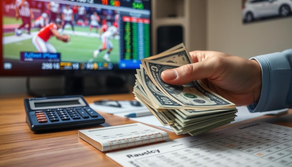 A well-lit desk with a stack of dollar bills, a calculator, and a sports betting chart. The foreground features a hand carefully counting the bills, conveying the notion of disciplined bankroll management. The middle ground shows the calculator and betting chart, highlighting the analytical tools used to inform betting decisions. In the background, a blurred sports event plays on a nearby television, emphasizing the context of sports betting. The overall mood is one of focused financial planning and strategic decision-making, capturing the essence of "Bankroll Impact of Value Betting". A well-lit desk with a stack of dollar bills, a calculator, and a sports betting chart. The foreground features a hand carefully counting the bills, conveying the notion of disciplined bankroll management. The middle ground shows the calculator and betting chart, highlighting the analytical tools used to inform betting decisions. In the background, a blurred sports event plays on a nearby television, emphasizing the context of sports betting. The overall mood is one of focused financial planning and strategic decision-making, capturing the essence of "Bankroll Impact of Value Betting".