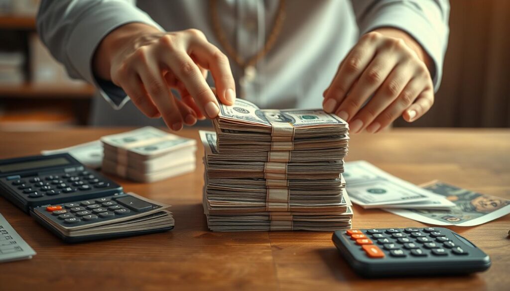 A well-lit, realistic scene of a person's hands carefully arranging stacks of money on a wooden table, symbolizing the importance of managing a bankroll for successful multisport betting. The stacks are organized neatly, with a calculator and other financial tools nearby, conveying a sense of strategic planning and attention to detail. The background features a blurred, warm-toned environment, creating a focused, contemplative atmosphere. The image emphasizes the significance of setting and maintaining a responsible bankroll to ensure long-term profitability in multisport wagering. A well-lit, realistic scene of a person's hands carefully arranging stacks of money on a wooden table, symbolizing the importance of managing a bankroll for successful multisport betting. The stacks are organized neatly, with a calculator and other financial tools nearby, conveying a sense of strategic planning and attention to detail. The background features a blurred, warm-toned environment, creating a focused, contemplative atmosphere. The image emphasizes the significance of setting and maintaining a responsible bankroll to ensure long-term profitability in multisport wagering.