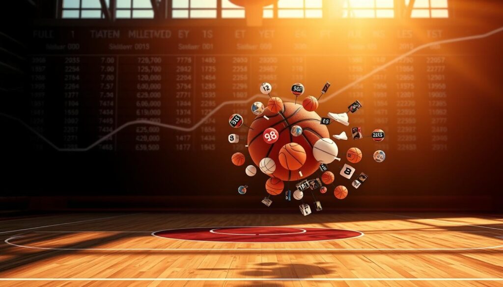 A basketball court set against a backdrop of a stylized graph displaying betting odds. The court is illuminated by warm, natural lighting, with the players' shadows adding depth and drama. In the foreground, a cluster of basketball icons and numeric odds data floats, creating a visually engaging display of the key concepts underlying basketball betting. The overall atmosphere conveys a sense of analytical precision and strategic decision-making, reflecting the informative nature of the article's "Basketball: Key Odds Concepts" section. A basketball court set against a backdrop of a stylized graph displaying betting odds. The court is illuminated by warm, natural lighting, with the players' shadows adding depth and drama. In the foreground, a cluster of basketball icons and numeric odds data floats, creating a visually engaging display of the key concepts underlying basketball betting. The overall atmosphere conveys a sense of analytical precision and strategic decision-making, reflecting the informative nature of the article's "Basketball: Key Odds Concepts" section.