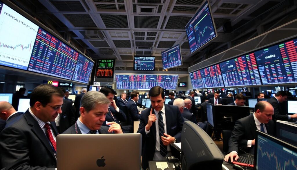 A bustling trading floor filled with professional gamblers intently studying charts, graphs, and data displays. The atmosphere is intense, with a sense of focused concentration and analytical rigor. Bright overhead lighting casts a clean, clinical glow, while multiple monitors display real-time market information. In the foreground, a group of analysts in suits and ties pore over their laptops, occasionally gesturing to the screens as they discuss their strategies. The background is a maze of computer stations, each occupied by a shrewd, experienced trader carefully monitoring the ebb and flow of the markets. A bustling trading floor filled with professional gamblers intently studying charts, graphs, and data displays. The atmosphere is intense, with a sense of focused concentration and analytical rigor. Bright overhead lighting casts a clean, clinical glow, while multiple monitors display real-time market information. In the foreground, a group of analysts in suits and ties pore over their laptops, occasionally gesturing to the screens as they discuss their strategies. The background is a maze of computer stations, each occupied by a shrewd, experienced trader carefully monitoring the ebb and flow of the markets.