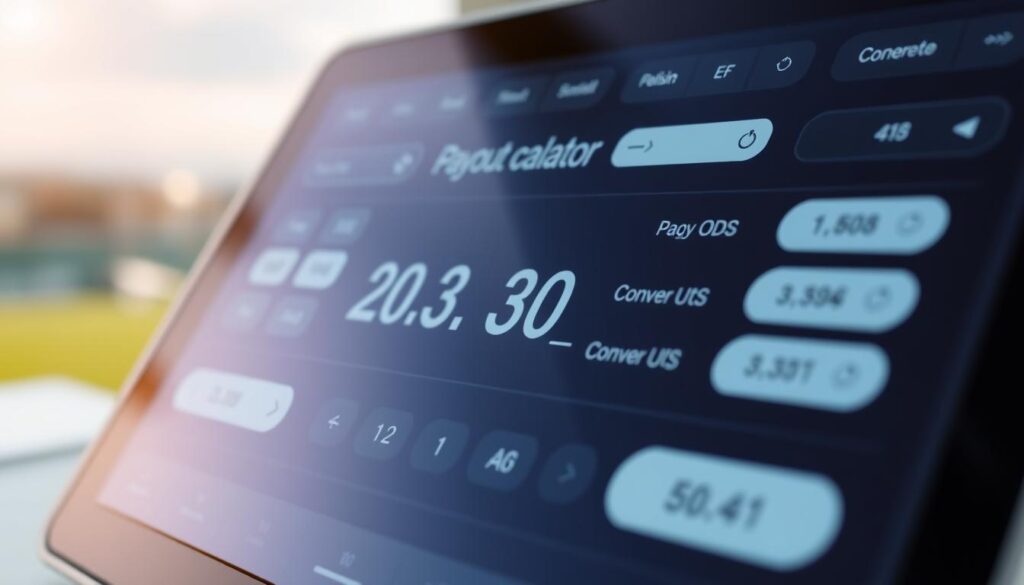 A close-up view of a digital payout calculator interface, displaying various betting odds and conversion options. The foreground features a sleek, minimalist design with clear and intuitive controls, allowing the user to input and manipulate different betting scenarios. The middle ground showcases the main payout calculation, presented in a clean, easy-to-read format, with dynamic visual elements like sliding bars or toggles to adjust the inputs. The background has a subtle, blurred landscape or cityscape, suggesting the broader context of sports betting and financial analysis. The overall scene is illuminated by a warm, natural lighting, creating a sense of professionalism and user-friendliness. A close-up view of a digital payout calculator interface, displaying various betting odds and conversion options. The foreground features a sleek, minimalist design with clear and intuitive controls, allowing the user to input and manipulate different betting scenarios. The middle ground showcases the main payout calculation, presented in a clean, easy-to-read format, with dynamic visual elements like sliding bars or toggles to adjust the inputs. The background has a subtle, blurred landscape or cityscape, suggesting the broader context of sports betting and financial analysis. The overall scene is illuminated by a warm, natural lighting, creating a sense of professionalism and user-friendliness.