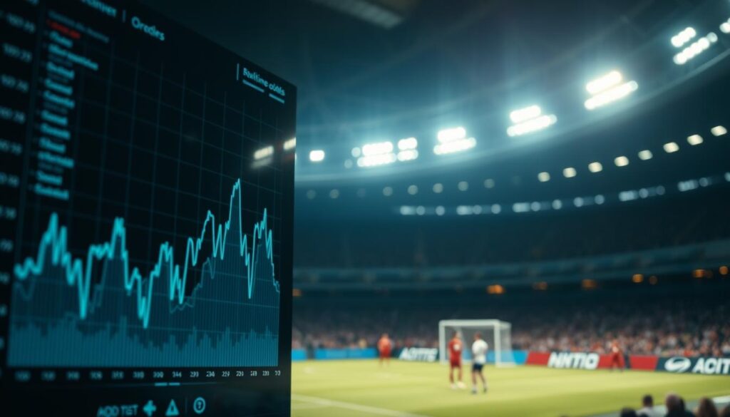 A data-driven analysis of shifting odds in a live sports event, captured through a cinematic lens. In the foreground, a digital dashboard displays real-time odds fluctuations, with line graphs and charts reflecting the dynamic nature of betting markets. In the middle ground, a stadium or arena scene unfolds, showcasing the intensity of the ongoing match. The background features a subdued, moody lighting, creating a sense of anticipation and strategic decision-making. The overall composition conveys the symbiotic relationship between data analytics and the thrill of sports betting, empowering bettors to make informed choices.