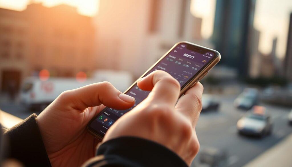 A mobile device prominently displayed, its screen showcasing a sports betting app interface. In the foreground, a person's hands interacting with the touchscreen, making bets with precise and confident movements. The background features a blurred cityscape, capturing the on-the-go nature of mobile betting. Warm, natural lighting casts a subtle glow, creating a sense of immediacy and engagement. The overall composition conveys the convenience and strategic decision-making involved in placing bets from a smartphone. A mobile device prominently displayed, its screen showcasing a sports betting app interface. In the foreground, a person's hands interacting with the touchscreen, making bets with precise and confident movements. The background features a blurred cityscape, capturing the on-the-go nature of mobile betting. Warm, natural lighting casts a subtle glow, creating a sense of immediacy and engagement. The overall composition conveys the convenience and strategic decision-making involved in placing bets from a smartphone.