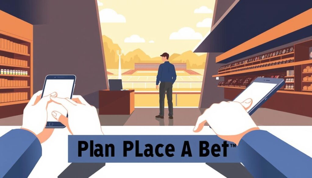 A modern, minimalist illustration showcasing the steps to place a bet in various environments. In the foreground, a person's hands interacting with a mobile device, tablet, or desktop computer, representing online betting. In the middle ground, a person standing at a physical betting counter, symbolizing in-store betting. In the background, a sports stadium or racetrack, conveying the atmosphere of live, in-person betting. The scene is bathed in warm, natural lighting, with a clean, uncluttered design to emphasize the simplicity of the process. The overall mood is one of confidence, convenience, and accessibility, reflecting the guide's aim to demystify bet placement. A modern, minimalist illustration showcasing the steps to place a bet in various environments. In the foreground, a person's hands interacting with a mobile device, tablet, or desktop computer, representing online betting. In the middle ground, a person standing at a physical betting counter, symbolizing in-store betting. In the background, a sports stadium or racetrack, conveying the atmosphere of live, in-person betting. The scene is bathed in warm, natural lighting, with a clean, uncluttered design to emphasize the simplicity of the process. The overall mood is one of confidence, convenience, and accessibility, reflecting the guide's aim to demystify bet placement.