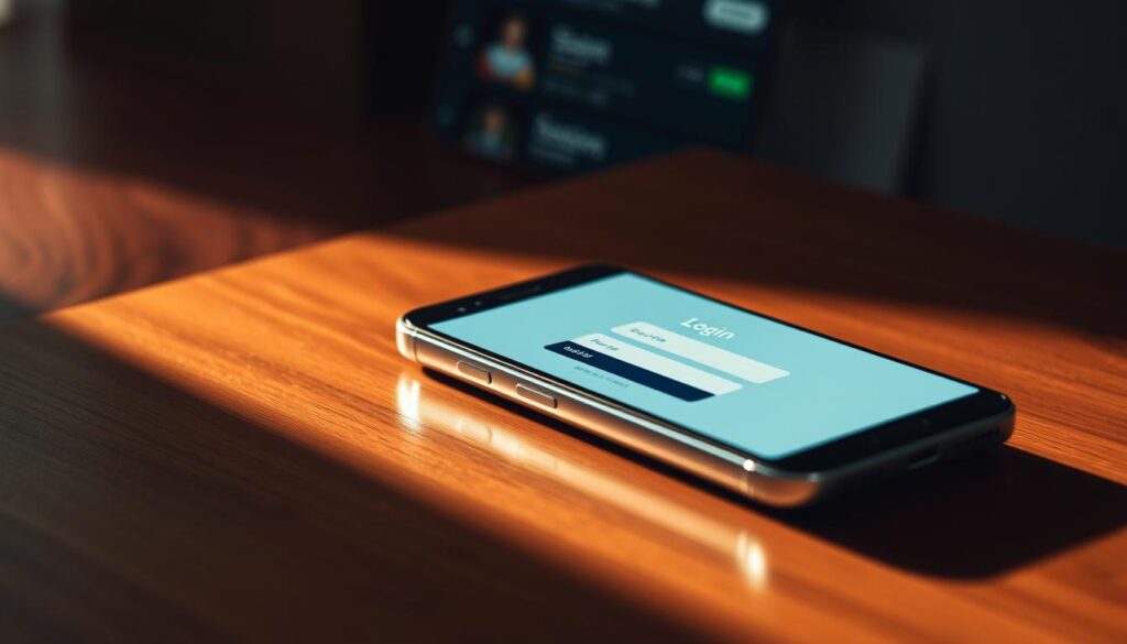 A serene mobile device rests on a wooden table, its screen showcasing a secure login interface. The device is bathed in warm, directional lighting, casting soft shadows that create depth and dimension. In the background, a blurred representation of a mobile betting app's user interface suggests the device's purpose, while maintaining a sense of privacy and focus on the security elements. The composition is balanced, with the mobile device positioned off-center, drawing the viewer's eye to the secure login screen. The overall mood is one of confidence, control, and responsible mobile betting practices. A serene mobile device rests on a wooden table, its screen showcasing a secure login interface. The device is bathed in warm, directional lighting, casting soft shadows that create depth and dimension. In the background, a blurred representation of a mobile betting app's user interface suggests the device's purpose, while maintaining a sense of privacy and focus on the security elements. The composition is balanced, with the mobile device positioned off-center, drawing the viewer's eye to the secure login screen. The overall mood is one of confidence, control, and responsible mobile betting practices.