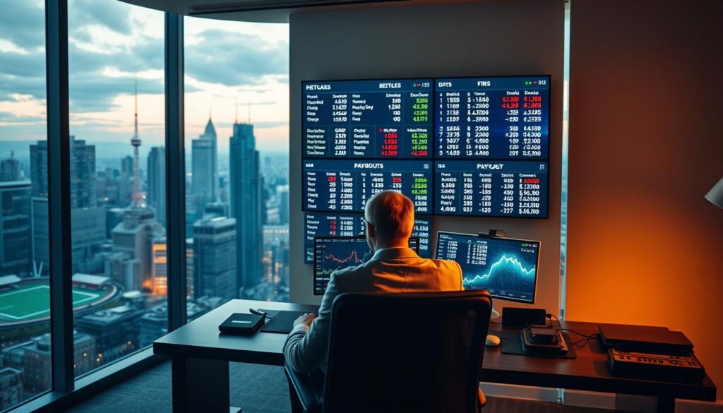 A sleek, modern office setting with a large window overlooking a bustling cityscape. In the foreground, a businessman sitting at a desk, intently studying sports betting odds and statistics on multiple digital displays. The lighting is warm and focused, casting a strategic glow on the scene. In the middle ground, a wall-mounted monitor showcases various sports matchups, odds, and potential payouts. The background features cityscape silhouettes and a minimalist, high-tech aesthetic, conveying a sense of data-driven decision-making and financial optimization. The overall mood is one of calculated risk, professional discipline, and the pursuit of maximizing sports betting payouts. A sleek, modern office setting with a large window overlooking a bustling cityscape. In the foreground, a businessman sitting at a desk, intently studying sports betting odds and statistics on multiple digital displays. The lighting is warm and focused, casting a strategic glow on the scene. In the middle ground, a wall-mounted monitor showcases various sports matchups, odds, and potential payouts. The background features cityscape silhouettes and a minimalist, high-tech aesthetic, conveying a sense of data-driven decision-making and financial optimization. The overall mood is one of calculated risk, professional discipline, and the pursuit of maximizing sports betting payouts.