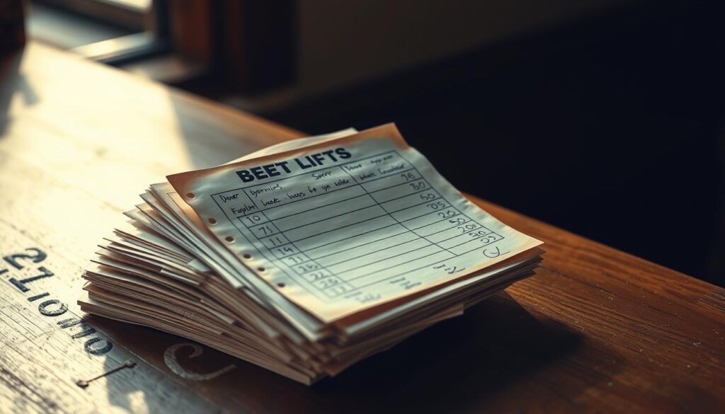 A stack of weathered, well-used paper bet slips sits atop a worn, wooden counter. The slips are filled out by hand, with scribbled numbers and circled options. Soft, natural lighting filters in through a nearby window, casting a warm glow across the scene. The counter's surface is slightly scuffed, hinting at the countless bets placed over time. The overall mood is one of anticipation and the thrill of in-person wagering, reflecting the lively atmosphere of a local betting establishment.