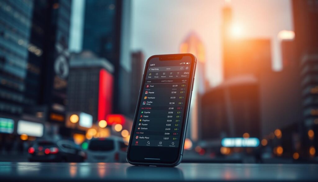 A stylish mobile device prominently displayed, its screen showcasing a sports betting app with live odds and statistics. In the background, a blurred cityscape with skyscrapers and neon lights, conveying the excitement and energy of modern urban life. Soft, warm lighting casts a subtle glow over the scene, creating a sense of sophistication and technological prowess. The composition is balanced, with the mobile device occupying the central focus, surrounded by contextual elements that reinforce the theme of optimized mobile betting. A stylish mobile device prominently displayed, its screen showcasing a sports betting app with live odds and statistics. In the background, a blurred cityscape with skyscrapers and neon lights, conveying the excitement and energy of modern urban life. Soft, warm lighting casts a subtle glow over the scene, creating a sense of sophistication and technological prowess. The composition is balanced, with the mobile device occupying the central focus, surrounded by contextual elements that reinforce the theme of optimized mobile betting.