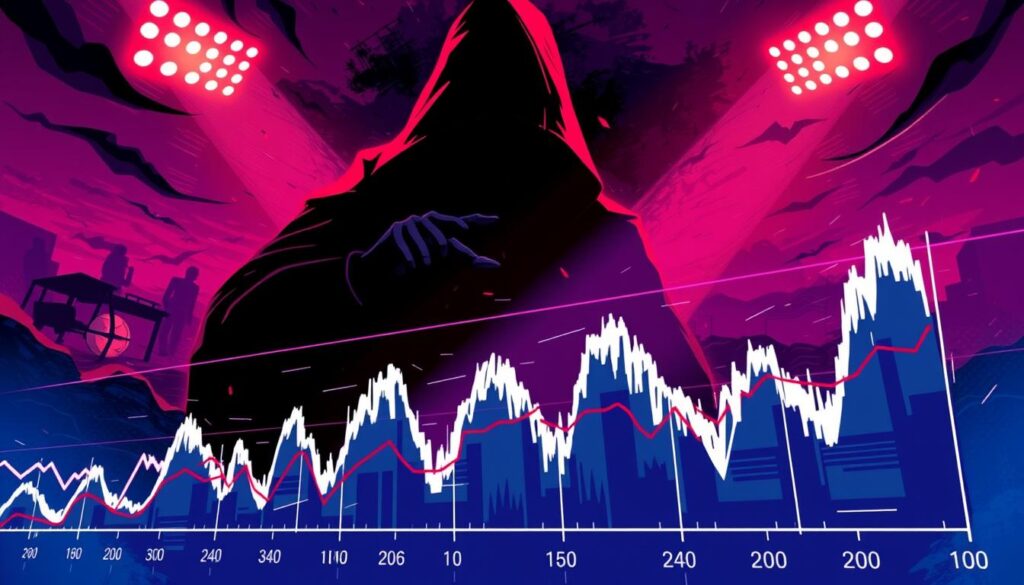 A vibrant, visually striking illustration of "line movement explained myths" for a sports betting article. In the foreground, a stylized chart or graph depicting line movements and fluctuations, rendered in bold, dynamic lines and shapes. The middle ground features a shadowy, enigmatic figure seemingly pulling the strings behind the scenes, hinting at the myths and misconceptions surrounding line movement. The background is a moody, atmospheric landscape, with a sense of motion and energy, perhaps incorporating sports-related elements or symbols. Lighting is dramatic, with dramatic highlights and shadows, creating a sense of depth and mystery. The overall mood is one of intrigue, complexity, and the unveiling of hidden truths.