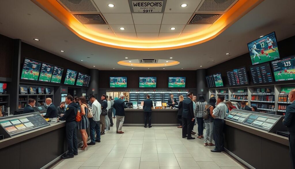 A well-lit and inviting sports betting shop interior, with a busy counter area at the center. The counter is manned by attentive staff, dressed smartly in uniforms, providing courteous service to a diverse group of patrons. The atmosphere is lively yet organized, with clear signage and displays guiding customers through the betting process. The floor is clean and tidy, and the overall mood is one of professionalism and efficiency. In the background, TV screens showcase the latest sports events, adding to the energetic ambiance. The lighting is a warm, soft glow, creating a welcoming and comfortable environment for all who enter.