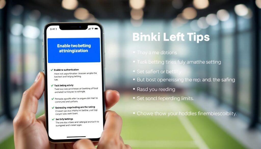 A well-lit, high-resolution image of a mobile phone screen displaying a set of clear and concise mobile betting safety tips. The foreground features the phone screen with a minimalist user interface showcasing important safety recommendations such as enabling two-factor authentication, tracking betting activity, and setting responsible spending limits. The middle ground includes hands holding the phone, conveying the personal nature of mobile betting. The background is a soft, blurred scene suggesting a modern, distraction-free environment conducive to responsible betting. The overall mood is informative, trustworthy, and empowering, encouraging users to prioritize safety and security when engaging in mobile-based betting. A well-lit, high-resolution image of a mobile phone screen displaying a set of clear and concise mobile betting safety tips. The foreground features the phone screen with a minimalist user interface showcasing important safety recommendations such as enabling two-factor authentication, tracking betting activity, and setting responsible spending limits. The middle ground includes hands holding the phone, conveying the personal nature of mobile betting. The background is a soft, blurred scene suggesting a modern, distraction-free environment conducive to responsible betting. The overall mood is informative, trustworthy, and empowering, encouraging users to prioritize safety and security when engaging in mobile-based betting.