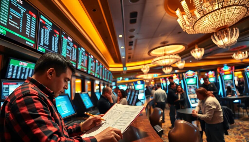 A busy sportsbook counter in a modern Las Vegas casino, with multiple screens displaying live odds, betting lines, and team statistics. In the foreground, a punter is intently studying an odds sheet, pencil in hand, while an employee waits to assist. The lighting is bright and clean, casting a professional atmosphere. The middle ground features other patrons engaged in lively discussions, creating a sense of energy and anticipation. In the background, the casino's opulent decor and lively activity suggest an immersive, high-stakes environment. The scene captures the essence of in-person sports betting, with the contrast between the analog odds sheet and the digital displays conveying the transition to online betting. A busy sportsbook counter in a modern Las Vegas casino, with multiple screens displaying live odds, betting lines, and team statistics. In the foreground, a punter is intently studying an odds sheet, pencil in hand, while an employee waits to assist. The lighting is bright and clean, casting a professional atmosphere. The middle ground features other patrons engaged in lively discussions, creating a sense of energy and anticipation. In the background, the casino's opulent decor and lively activity suggest an immersive, high-stakes environment. The scene captures the essence of in-person sports betting, with the contrast between the analog odds sheet and the digital displays conveying the transition to online betting.