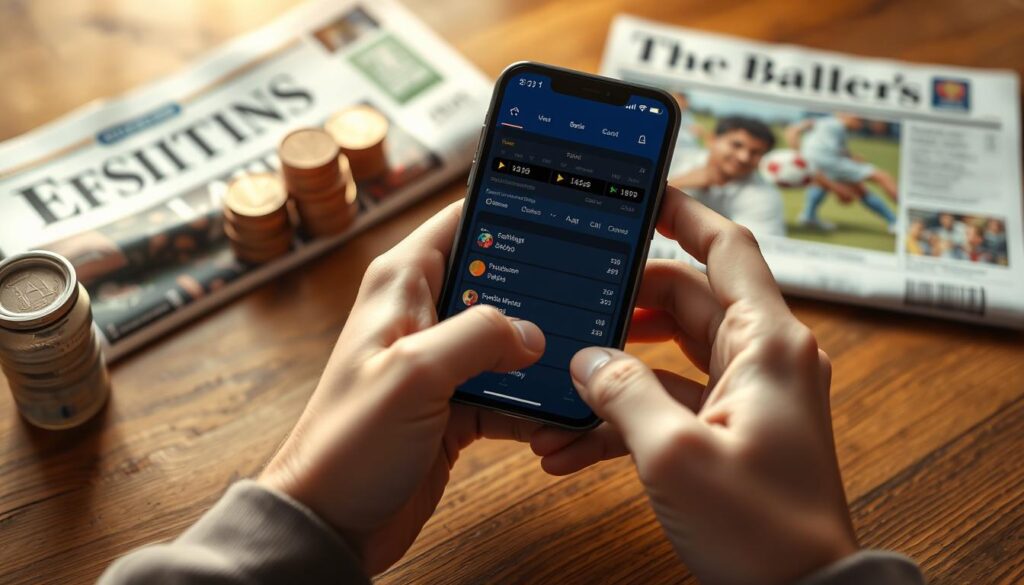 A close-up view of a person's hands holding a mobile device, the screen displaying a sports betting app interface. The device is placed on a wooden table, with a stack of coins and a sports newspaper in the background, creating a sense of a casual, at-home setting for small-stakes football betting. Warm, natural lighting casts a soft glow, and the composition emphasizes the simplicity and accessibility of mobile sports betting for beginners. The overall mood is one of relaxation, focus, and the thrill of exploring the world of football betting on a personal, intimate scale. A close-up view of a person's hands holding a mobile device, the screen displaying a sports betting app interface. The device is placed on a wooden table, with a stack of coins and a sports newspaper in the background, creating a sense of a casual, at-home setting for small-stakes football betting. Warm, natural lighting casts a soft glow, and the composition emphasizes the simplicity and accessibility of mobile sports betting for beginners. The overall mood is one of relaxation, focus, and the thrill of exploring the world of football betting on a personal, intimate scale.