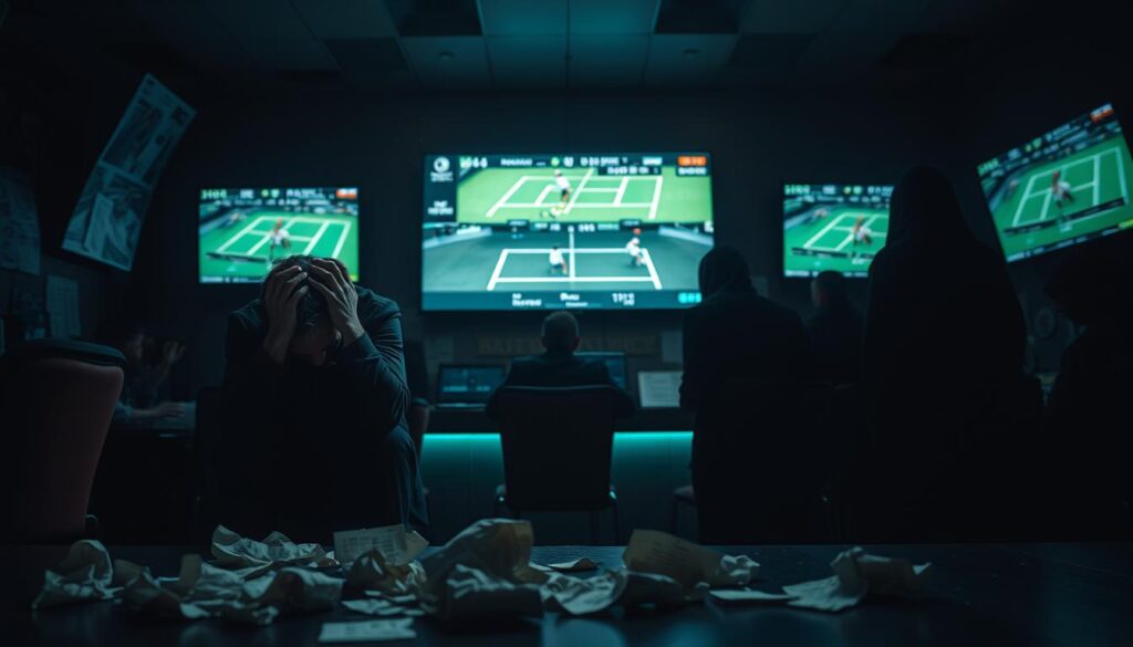 A dimly lit betting parlor, the air thick with tension. In the foreground, a man clutches his head in despair, crumpled betting slips scattered at his feet - a visual metaphor for the "Typical Betting Mistakes to Avoid". The middle ground features a large television screen displaying a live tennis match, the players' movements a blur of motion. In the background, shadows of other patrons linger, their faces obscured, a cautionary tale of the perils of reckless wagering. The scene is bathed in a moody, cinematic lighting, capturing the emotional weight of poor betting decisions. A sense of unease and regret permeates the frame, a powerful illustration of the article's key message.