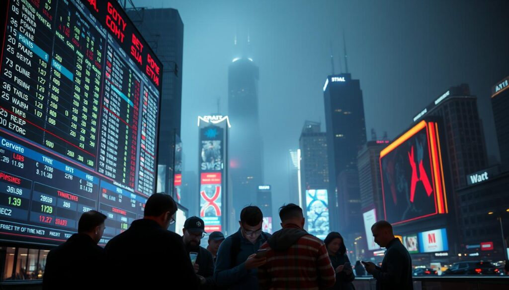 A neon-lit city skyline at night, with a large digital display board in the foreground showcasing various betting odds and statistics. In the middle ground, a group of bettors intently examining their mobile devices, studying complex parlay betting strategies. The background is hazy with a sense of energy and anticipation, as the city pulsates with the excitement of high-stakes gambling. The lighting is dramatic, with sharp contrasts and a moody, atmospheric tone, creating a sense of high-stakes tension and the thrill of the game.