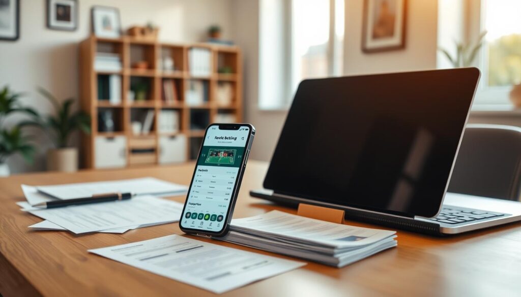 A serene home office setup with a laptop, smartphone, and financial documents neatly arranged on a wooden desk. Warm, natural lighting from a large window casts a cozy glow across the scene. In the background, a minimalist bookshelf and wall decor create a professional, yet inviting atmosphere. The smartphone screen displays a mobile betting app interface, showcasing the basics of sports betting in a clean, user-friendly design. The overall impression is one of a safe, responsible, and informative introduction to the world of mobile sports betting. A serene home office setup with a laptop, smartphone, and financial documents neatly arranged on a wooden desk. Warm, natural lighting from a large window casts a cozy glow across the scene. In the background, a minimalist bookshelf and wall decor create a professional, yet inviting atmosphere. The smartphone screen displays a mobile betting app interface, showcasing the basics of sports betting in a clean, user-friendly design. The overall impression is one of a safe, responsible, and informative introduction to the world of mobile sports betting.