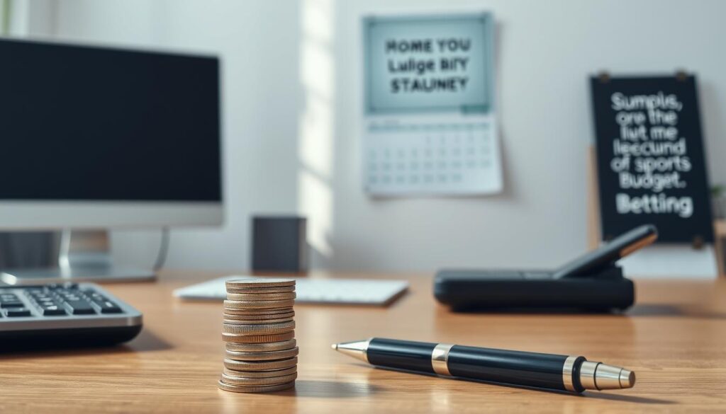 A serene, minimalist office setting with a wooden desk, a desktop computer, and a calculator. In the foreground, a stack of coins and a pen neatly arranged, symbolizing a responsible sports betting budget strategy. The lighting is soft and natural, creating a calming atmosphere. The background features a wall-mounted calendar and a framed motivational quote, emphasizing the importance of financial discipline. The overall composition conveys a sense of order, control, and mindful decision-making in the context of sports betting. A serene, minimalist office setting with a wooden desk, a desktop computer, and a calculator. In the foreground, a stack of coins and a pen neatly arranged, symbolizing a responsible sports betting budget strategy. The lighting is soft and natural, creating a calming atmosphere. The background features a wall-mounted calendar and a framed motivational quote, emphasizing the importance of financial discipline. The overall composition conveys a sense of order, control, and mindful decision-making in the context of sports betting.