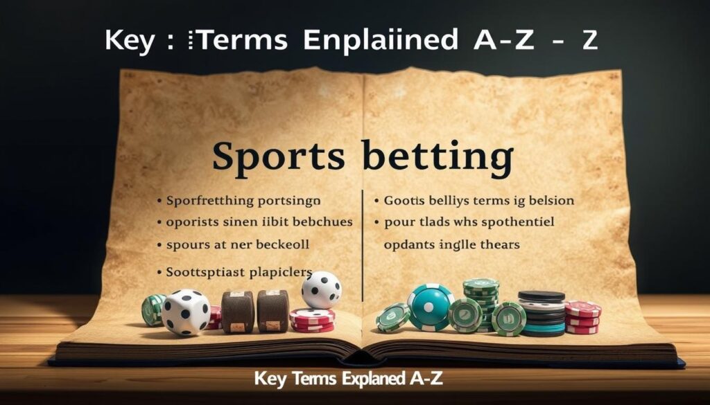 A stylized dictionary-style illustration showcasing key sports betting terms and their definitions. The foreground features a group of various sports betting icons and symbols, including dice, cards, chips, and other gambling-related motifs, arranged in an orderly grid-like fashion. The middle ground depicts a textured, weathered paper or parchment backdrop, evoking the look and feel of an aged reference book. In the background, a subtle gradient creates a sense of depth and emphasis on the central elements. The lighting is soft and diffused, lending a premium, editorial quality to the overall scene. The composition and color palette convey an educational, informative, and visually engaging tone suitable for the "Key Terms Explained A-Z" section of the sports betting glossary article. A stylized dictionary-style illustration showcasing key sports betting terms and their definitions. The foreground features a group of various sports betting icons and symbols, including dice, cards, chips, and other gambling-related motifs, arranged in an orderly grid-like fashion. The middle ground depicts a textured, weathered paper or parchment backdrop, evoking the look and feel of an aged reference book. In the background, a subtle gradient creates a sense of depth and emphasis on the central elements. The lighting is soft and diffused, lending a premium, editorial quality to the overall scene. The composition and color palette convey an educational, informative, and visually engaging tone suitable for the "Key Terms Explained A-Z" section of the sports betting glossary article.