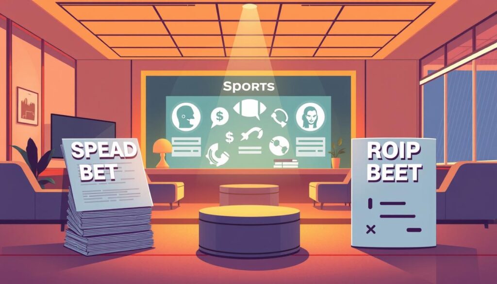 A stylized illustration depicting various types of sports bets, including a spread bet, a moneyline bet, and a prop bet. The scene is set in a modern, minimalist sports betting lounge, with clean lines, warm lighting, and a neutral color palette. The foreground features three-dimensional representations of the bet types, showcasing their unique characteristics and visual cues. The middle ground includes abstract shapes and icons symbolizing the different betting options, while the background features a subtle pattern or texture hinting at the underlying data and analytics that inform sports betting. The overall mood is one of sophistication, strategy, and the thrill of the game. A stylized illustration depicting various types of sports bets, including a spread bet, a moneyline bet, and a prop bet. The scene is set in a modern, minimalist sports betting lounge, with clean lines, warm lighting, and a neutral color palette. The foreground features three-dimensional representations of the bet types, showcasing their unique characteristics and visual cues. The middle ground includes abstract shapes and icons symbolizing the different betting options, while the background features a subtle pattern or texture hinting at the underlying data and analytics that inform sports betting. The overall mood is one of sophistication, strategy, and the thrill of the game.