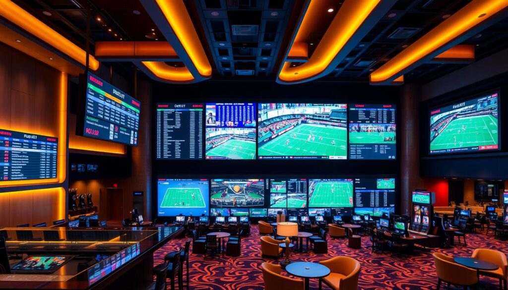 A well-lit, expansive sportsbook lobby with large digital displays showcasing real-time sports betting odds. In the foreground, a sleek glass counter with betting terminals, where patrons can place wagers on a variety of sporting events. The middle ground features comfortable seating areas and lounge spaces, creating an inviting atmosphere for sports enthusiasts. The background is filled with large screens, projecting live game footage and dynamic data visualizations, guiding bettors through the complexities of odds and line movements. The lighting is warm and modern, creating a sense of energy and anticipation. The overall scene conveys a professional, high-tech environment dedicated to enhancing the sports betting experience. A well-lit, expansive sportsbook lobby with large digital displays showcasing real-time sports betting odds. In the foreground, a sleek glass counter with betting terminals, where patrons can place wagers on a variety of sporting events. The middle ground features comfortable seating areas and lounge spaces, creating an inviting atmosphere for sports enthusiasts. The background is filled with large screens, projecting live game footage and dynamic data visualizations, guiding bettors through the complexities of odds and line movements. The lighting is warm and modern, creating a sense of energy and anticipation. The overall scene conveys a professional, high-tech environment dedicated to enhancing the sports betting experience.