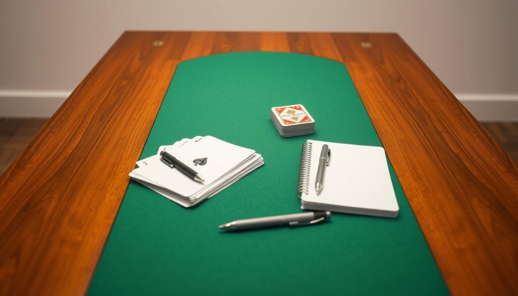 A well-lit, glossy wooden table with a classic green felt surface, serving as the backdrop for a betting glossary quiz. Atop the table, a stack of playing cards, a pen, and a notebook lay neatly arranged, inviting the viewer to participate in the interactive learning experience. The lighting casts a warm, focused glow, creating a sense of concentration and intellectual engagement. The composition is balanced, with the table and its elements occupying the central focus, surrounded by a clean, minimalist environment that allows the quiz materials to take center stage. A well-lit, glossy wooden table with a classic green felt surface, serving as the backdrop for a betting glossary quiz. Atop the table, a stack of playing cards, a pen, and a notebook lay neatly arranged, inviting the viewer to participate in the interactive learning experience. The lighting casts a warm, focused glow, creating a sense of concentration and intellectual engagement. The composition is balanced, with the table and its elements occupying the central focus, surrounded by a clean, minimalist environment that allows the quiz materials to take center stage.