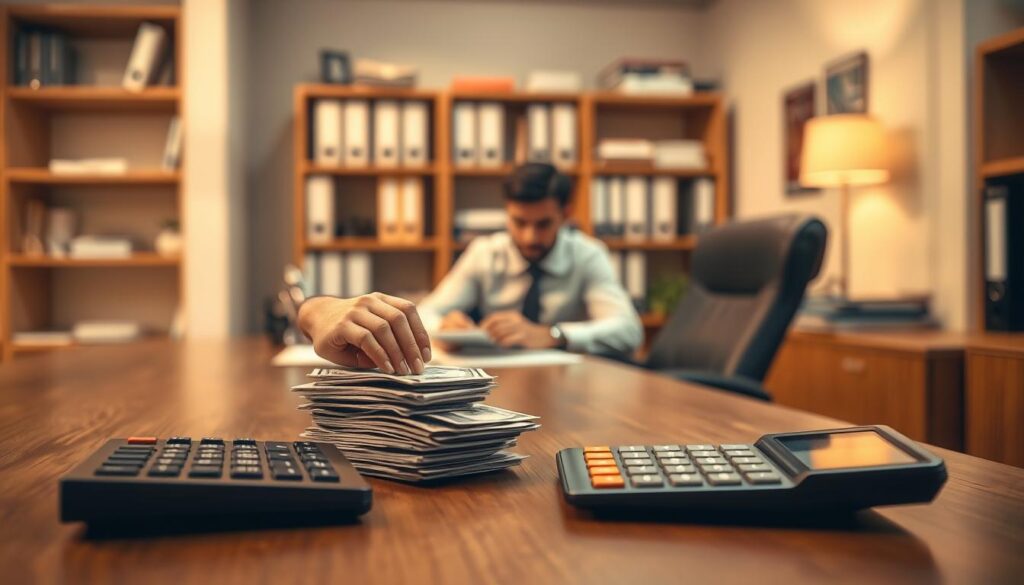 A well-lit office interior, with a wooden desk in the foreground. On the desk, a stack of cash, a calculator, and a hand reaching to count the bills. In the middle ground, a person sitting at the desk, focused on the task of tallying the winnings. The background features shelves with ledgers and files, conveying a sense of professionalism and organization. The lighting is warm and inviting, casting a soft glow over the scene. The overall atmosphere is one of a successful financial transaction, with a mood of satisfaction and accomplishment. A well-lit office interior, with a wooden desk in the foreground. On the desk, a stack of cash, a calculator, and a hand reaching to count the bills. In the middle ground, a person sitting at the desk, focused on the task of tallying the winnings. The background features shelves with ledgers and files, conveying a sense of professionalism and organization. The lighting is warm and inviting, casting a soft glow over the scene. The overall atmosphere is one of a successful financial transaction, with a mood of satisfaction and accomplishment.