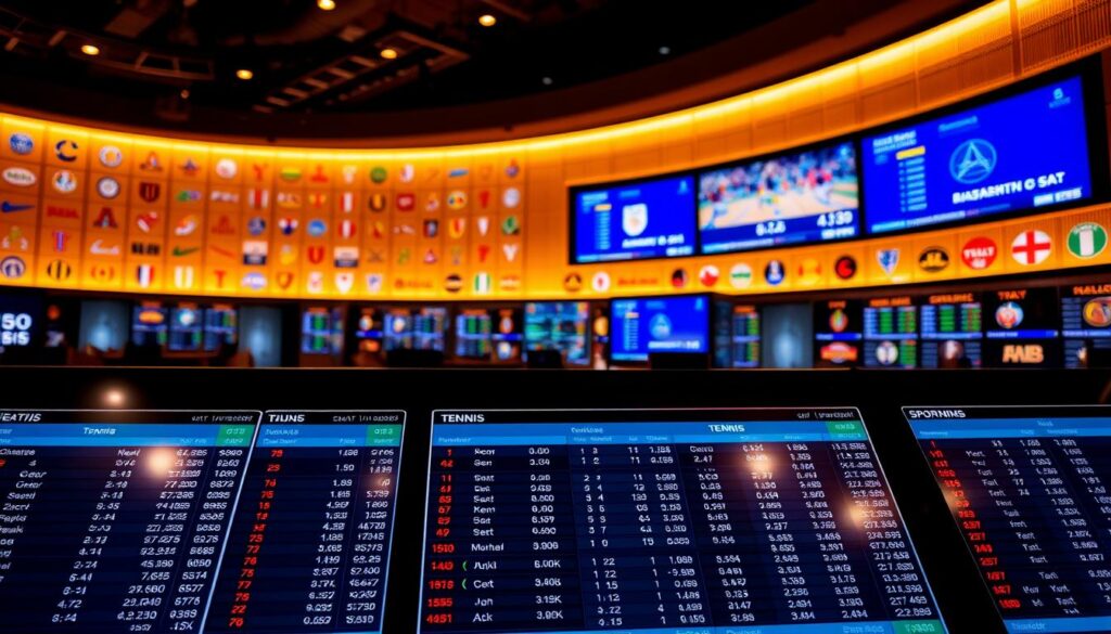 A well-lit sports betting display showcases a variety of odds sheets for football, basketball, and tennis matches. In the foreground, the odds sheets are prominently displayed, with clear numerical values and team/player names. The middle ground features sleek, modern display stands and digital screens, highlighting the dynamic nature of the sportsbook. In the background, a subtle gradient of team colors and logos creates a visually engaging atmosphere, reflecting the diverse range of sports being covered. The lighting is warm and evenly distributed, casting a professional and authoritative ambiance over the scene. The overall composition conveys a sense of expertise, precision, and the comprehensive nature of the sportsbook's offerings. A well-lit sports betting display showcases a variety of odds sheets for football, basketball, and tennis matches. In the foreground, the odds sheets are prominently displayed, with clear numerical values and team/player names. The middle ground features sleek, modern display stands and digital screens, highlighting the dynamic nature of the sportsbook. In the background, a subtle gradient of team colors and logos creates a visually engaging atmosphere, reflecting the diverse range of sports being covered. The lighting is warm and evenly distributed, casting a professional and authoritative ambiance over the scene. The overall composition conveys a sense of expertise, precision, and the comprehensive nature of the sportsbook's offerings.